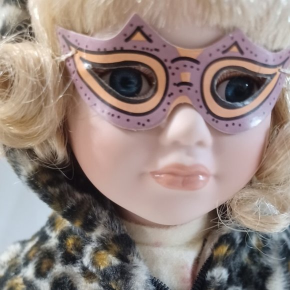 HALLOWEEN Porcelain 12" Doll In Leopard Costume w/ Treat Bag unbranded - Picture 1 of 6